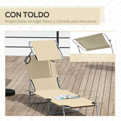 Outsunny Tumbona De Jardín Plegable Con Toldo Desmontable 187x58x36cm Beige_5