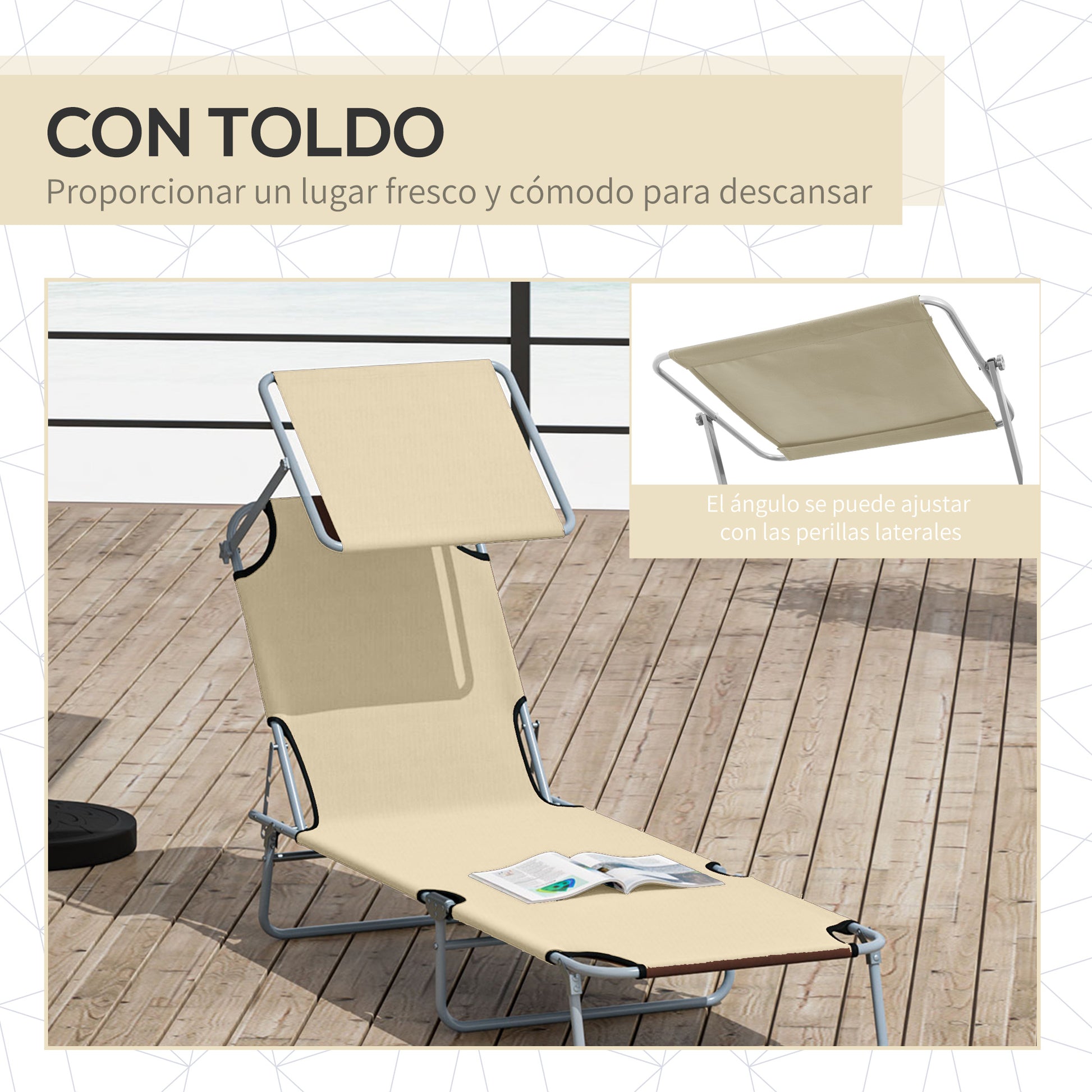 Outsunny Conjunto De 2 Tumbonas Plegables Con Toldo 187x58x36 Cm Beige_5