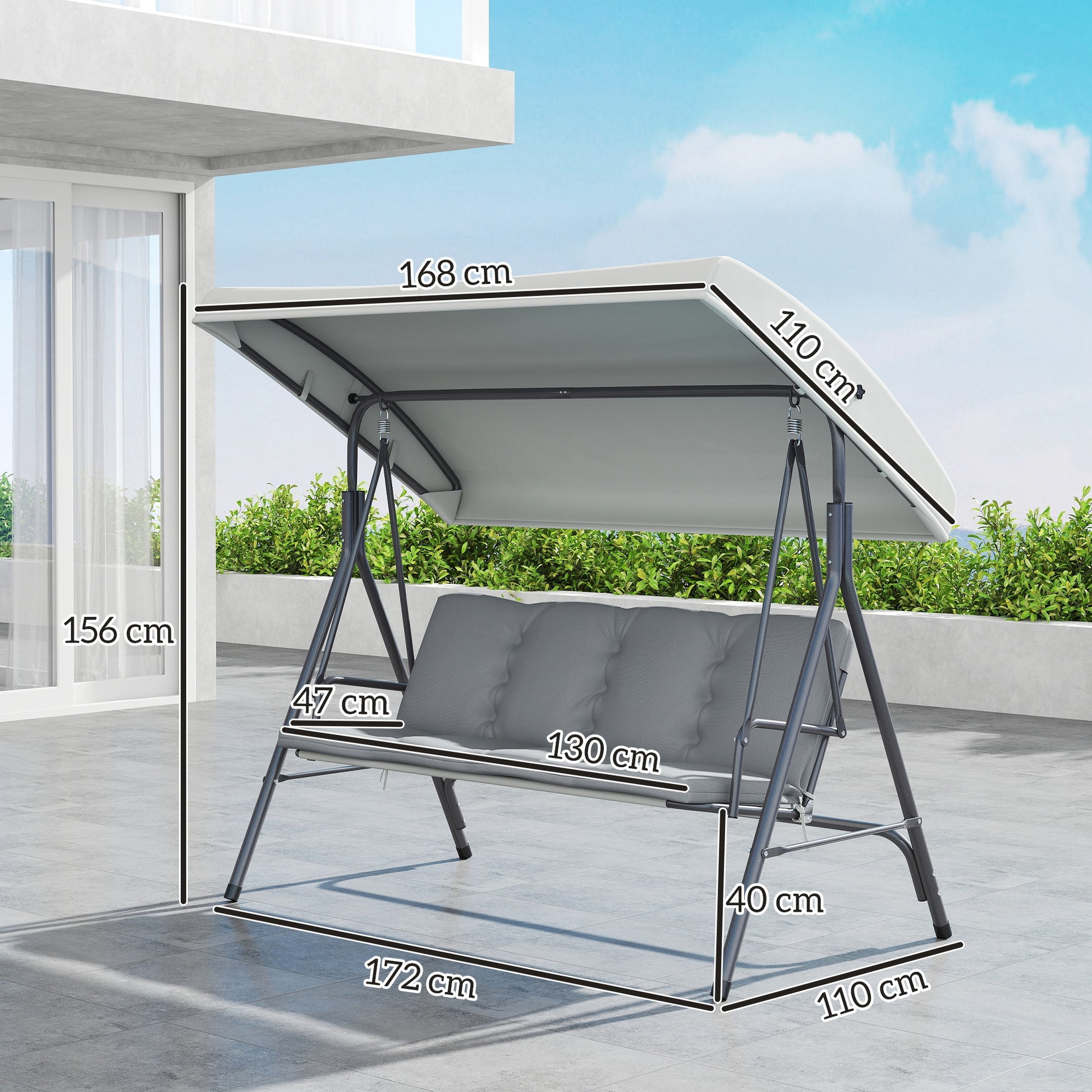 Outsunny Columpio De Jardín De 3 Plazas Con Techo Ajustable 172x110x156 Cm Gris_2