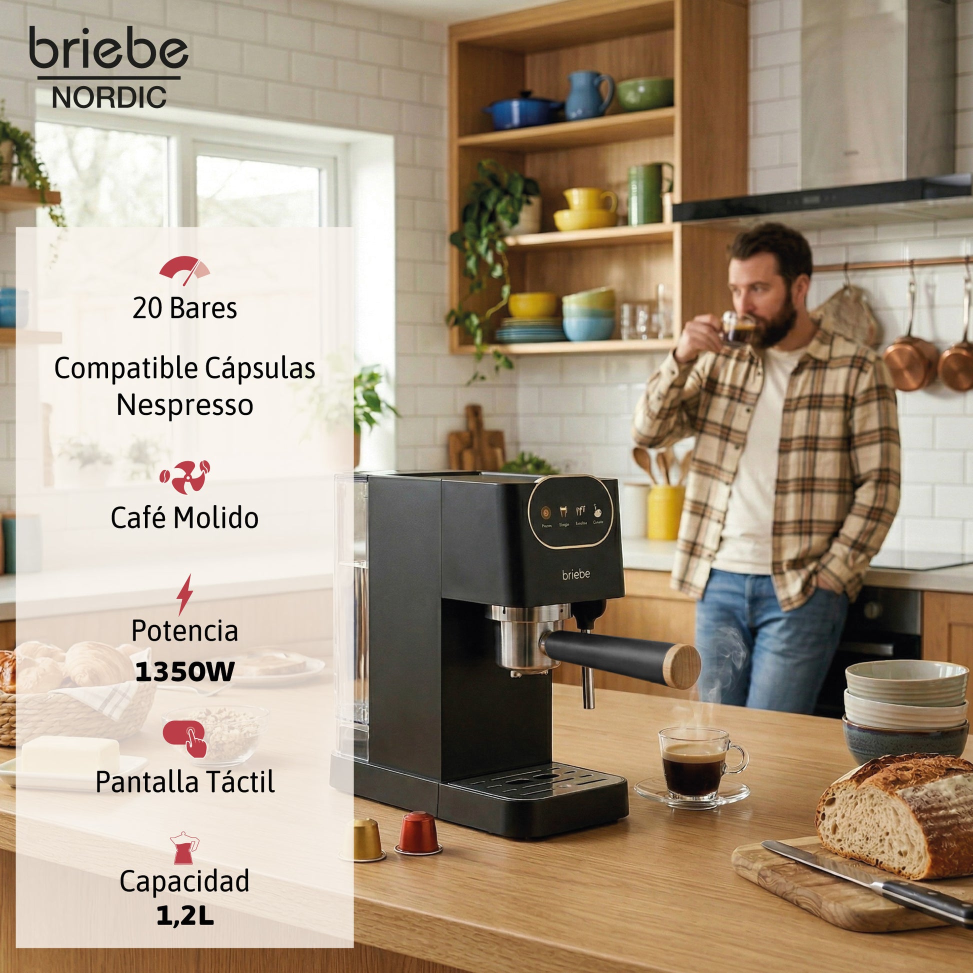 Briebe Nordic Set Cafetera 20 Bares Cápsulas, Café Molido Espumador Leche Tostadora 2 Rebanadas Anchas, Skt1221blk,negro_2