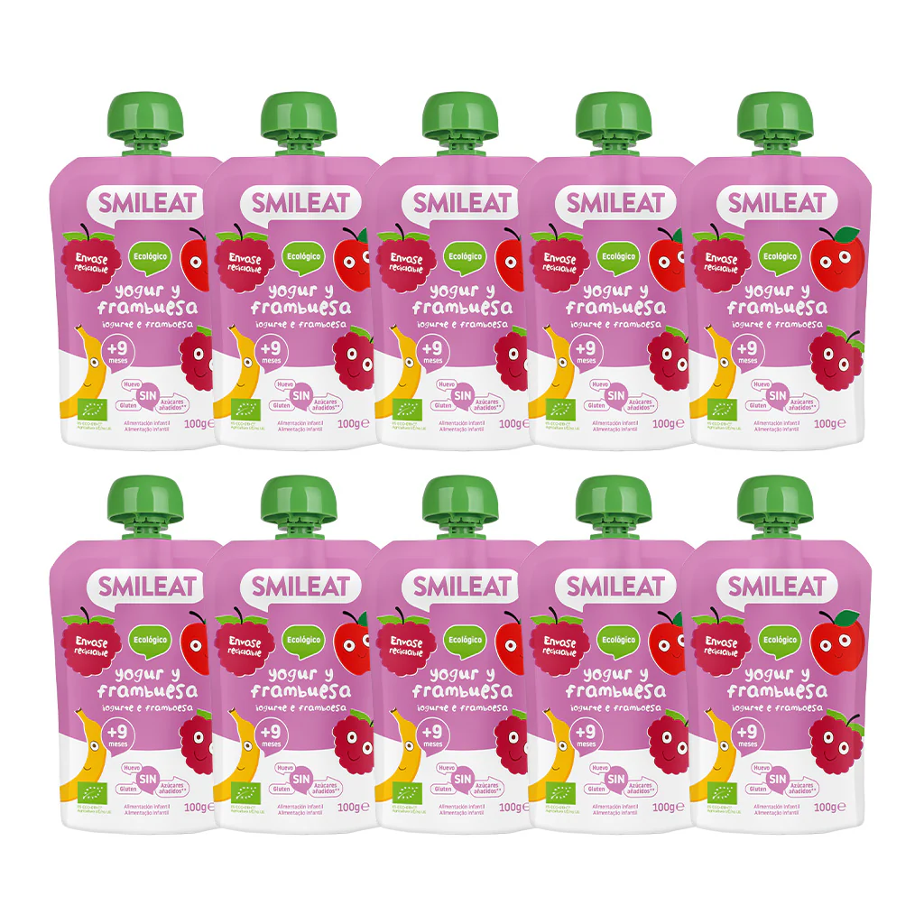Embalagem de 10 saquetas de iogurte e framboesa Smileat ECO 100 g