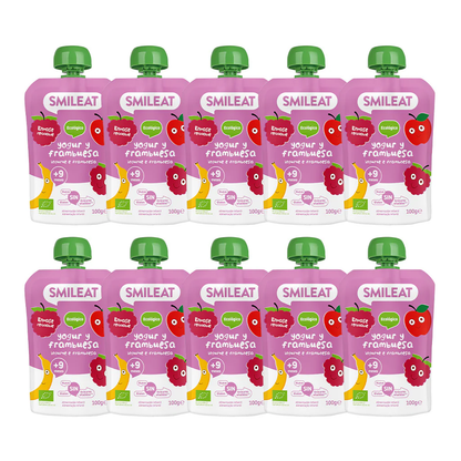 Embalagem de 10 saquetas de iogurte e framboesa Smileat ECO 100 g
