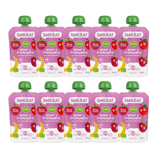 Embalagem de 10 saquetas de iogurte e framboesa Smileat ECO 100 g