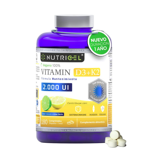 Vitamina D3 + K2 MK7 2000 UI Vegana Nutricel 180 comprimidos sabor lima-limón