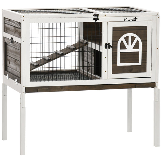 Pawhut Conejera De Madera Con Techo Abatible Puertas 90x53x87 Cm Marrón Y Blanco_0