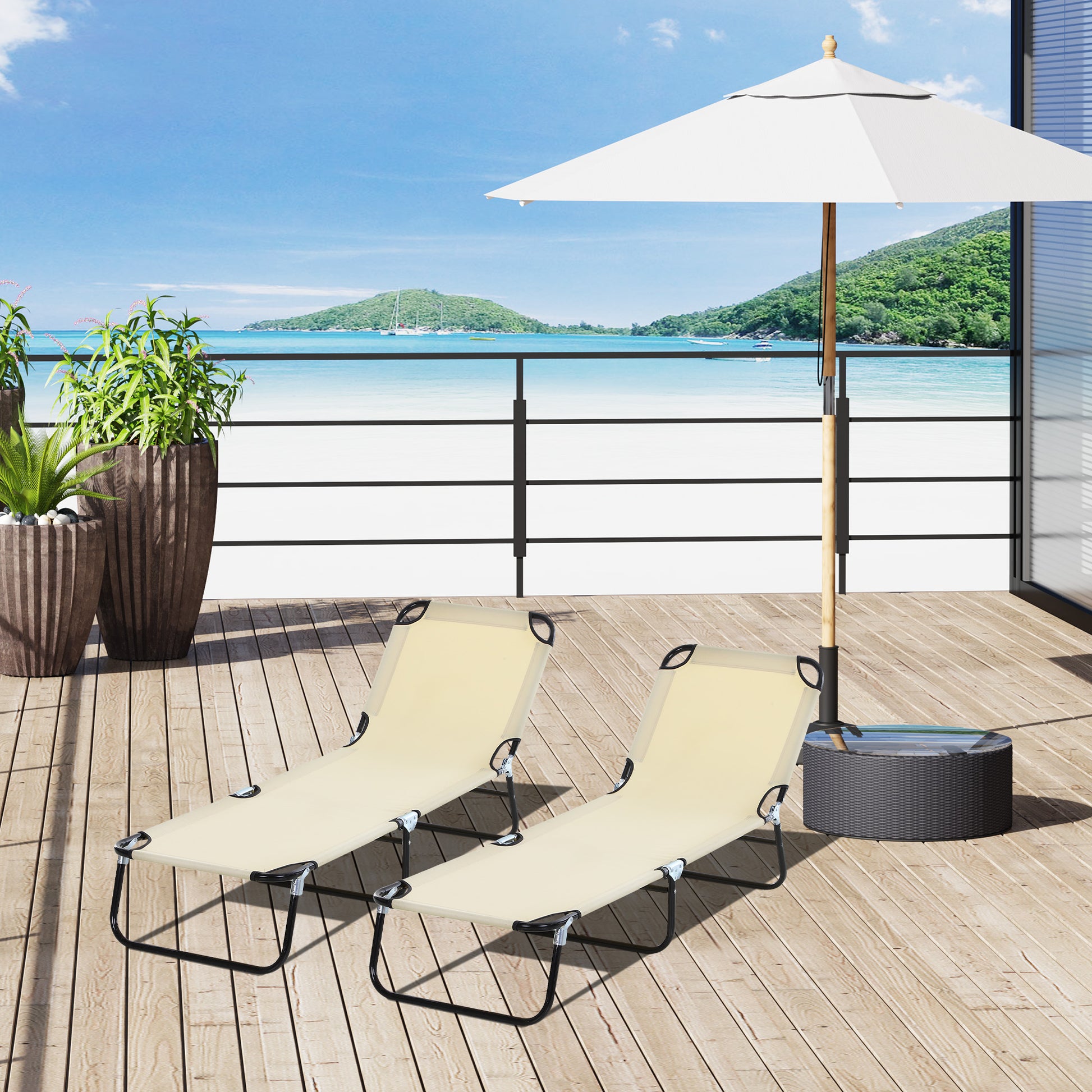 Outsunny Conjunto De 2 Tumbonas Plegables Con Respaldo 188x56x28 Cm Beige_1