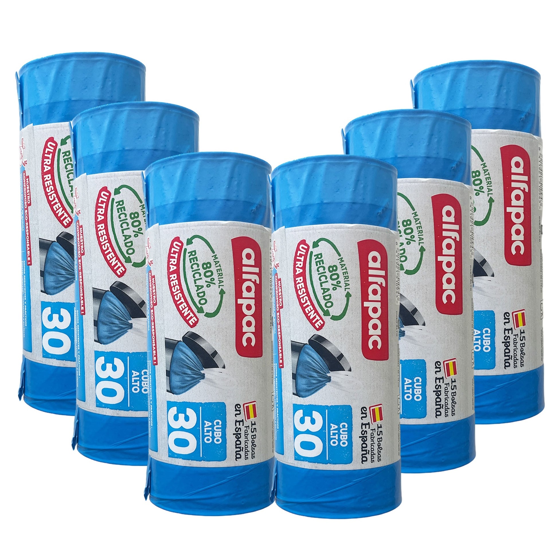 80% Reciclado 6 Rollos De 15 Bolsas De Basura 30l Con Autocierre