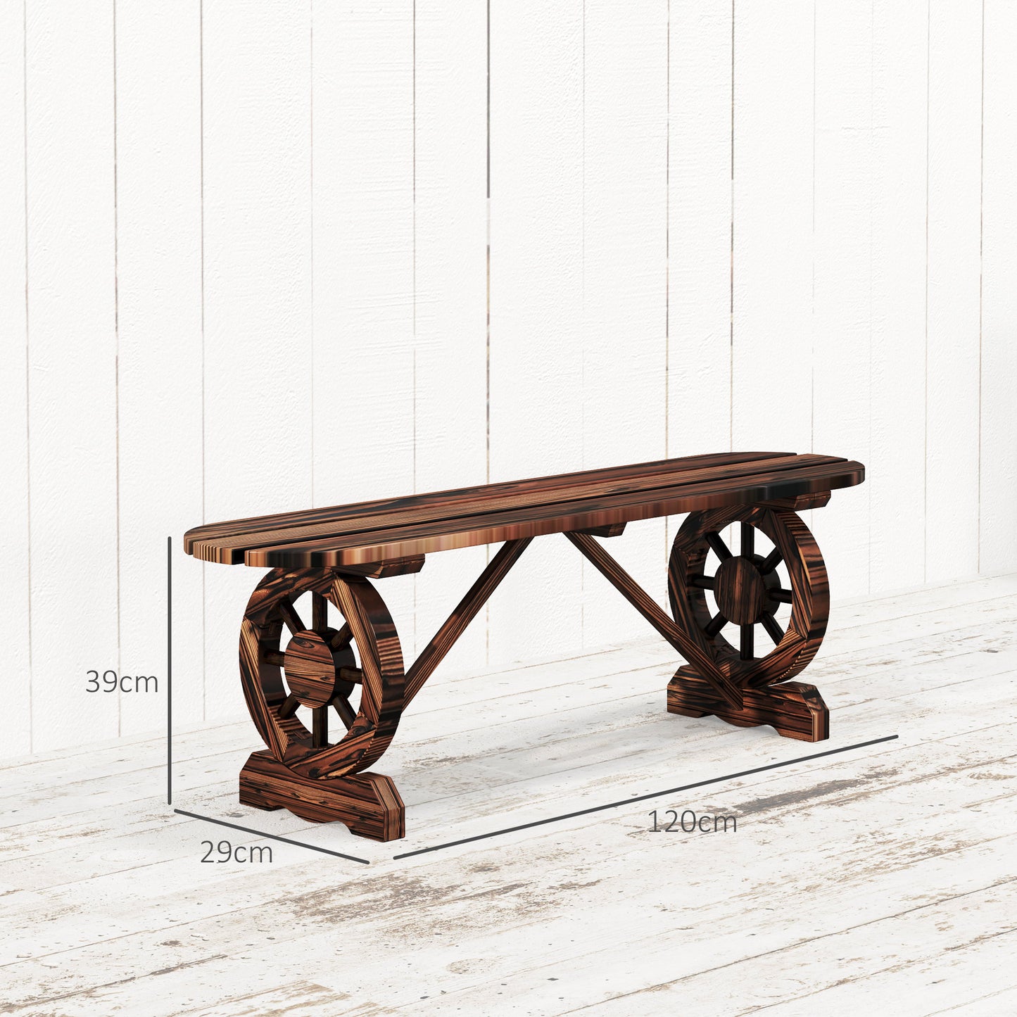 Outsunny Banco De Jardín Con 2 Ruedas Decorativas 120x29x39 Cm Carbonizado_2