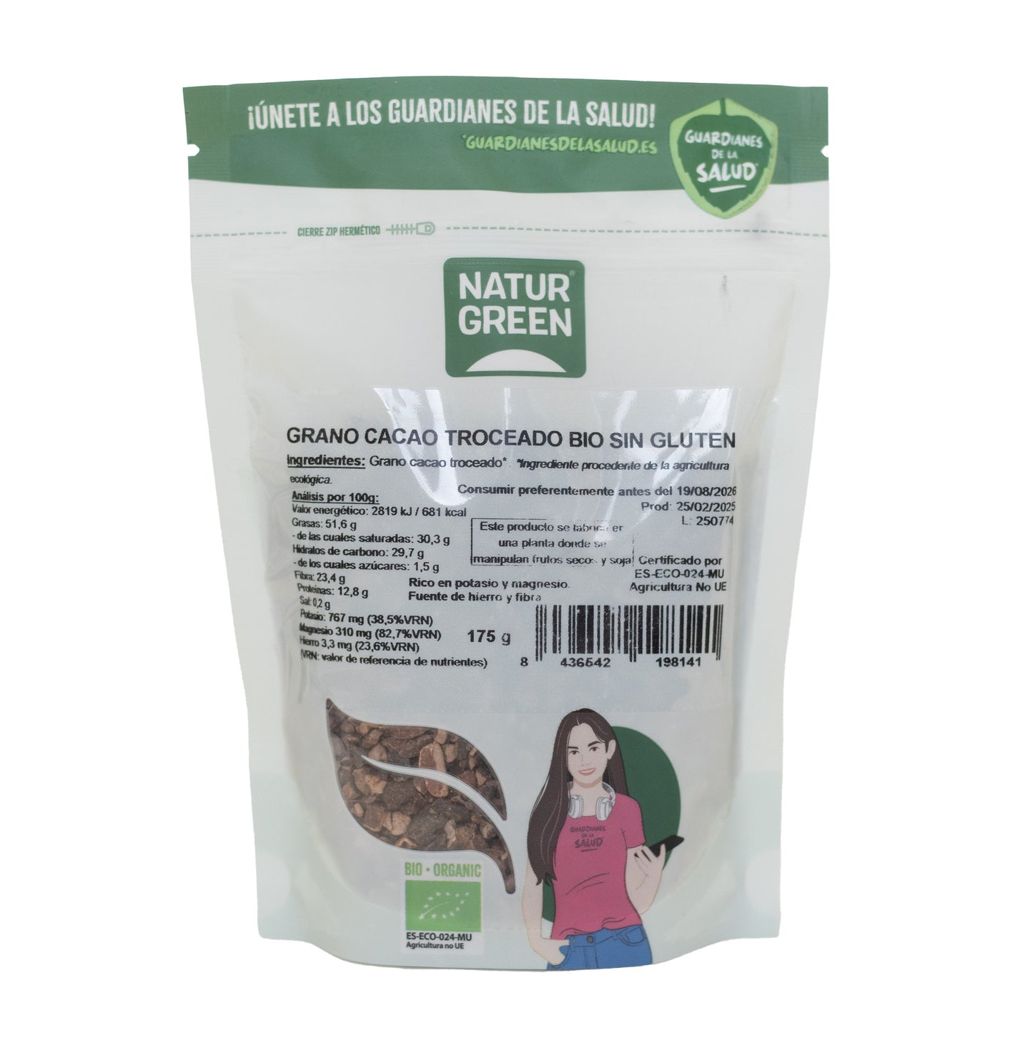 Grãos de cacau picados Naturgreen (Nibs), 200 g