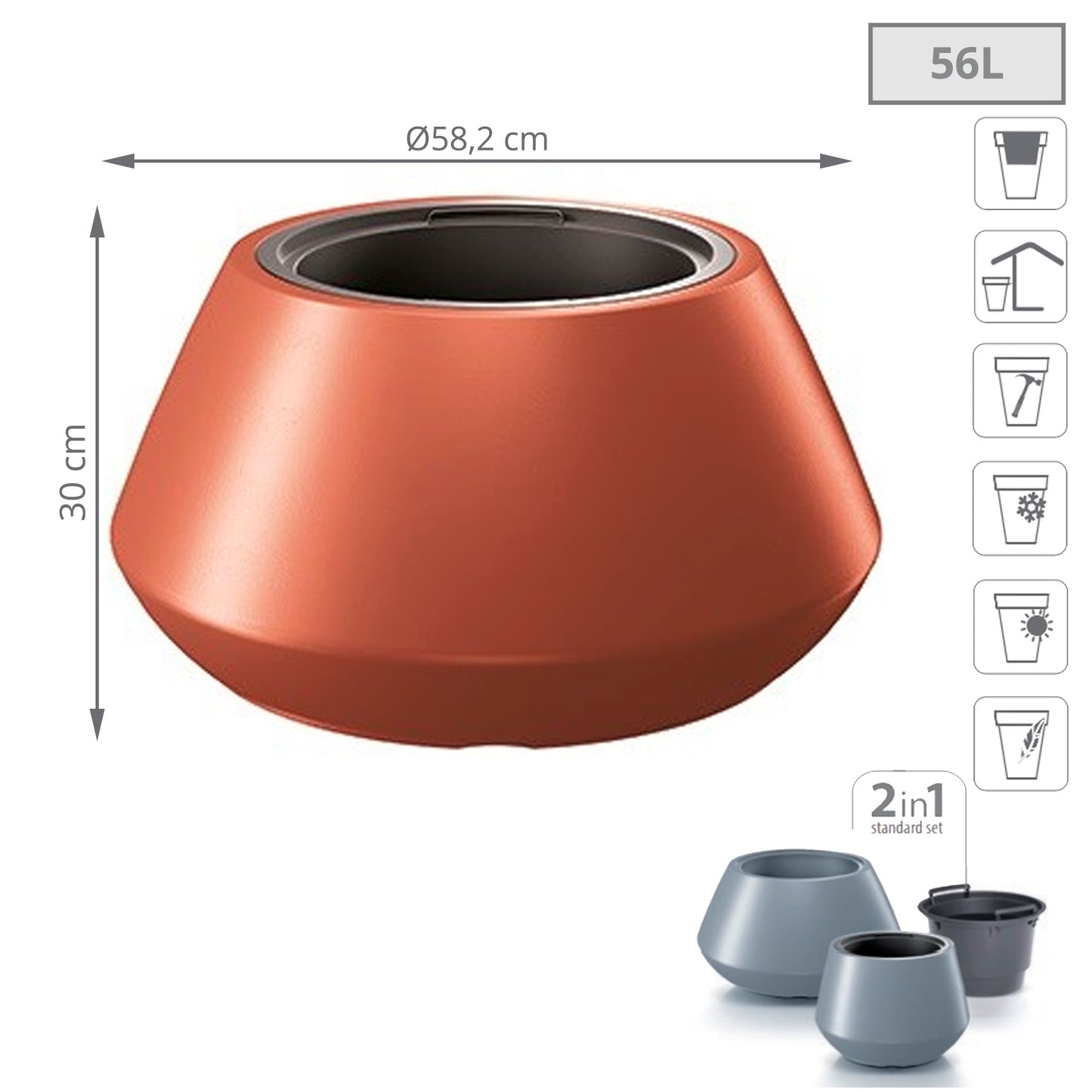 Maceta Heos 56l., Con Depósito, Dimensiones (mm) 582x582x300, Color Cobre_2