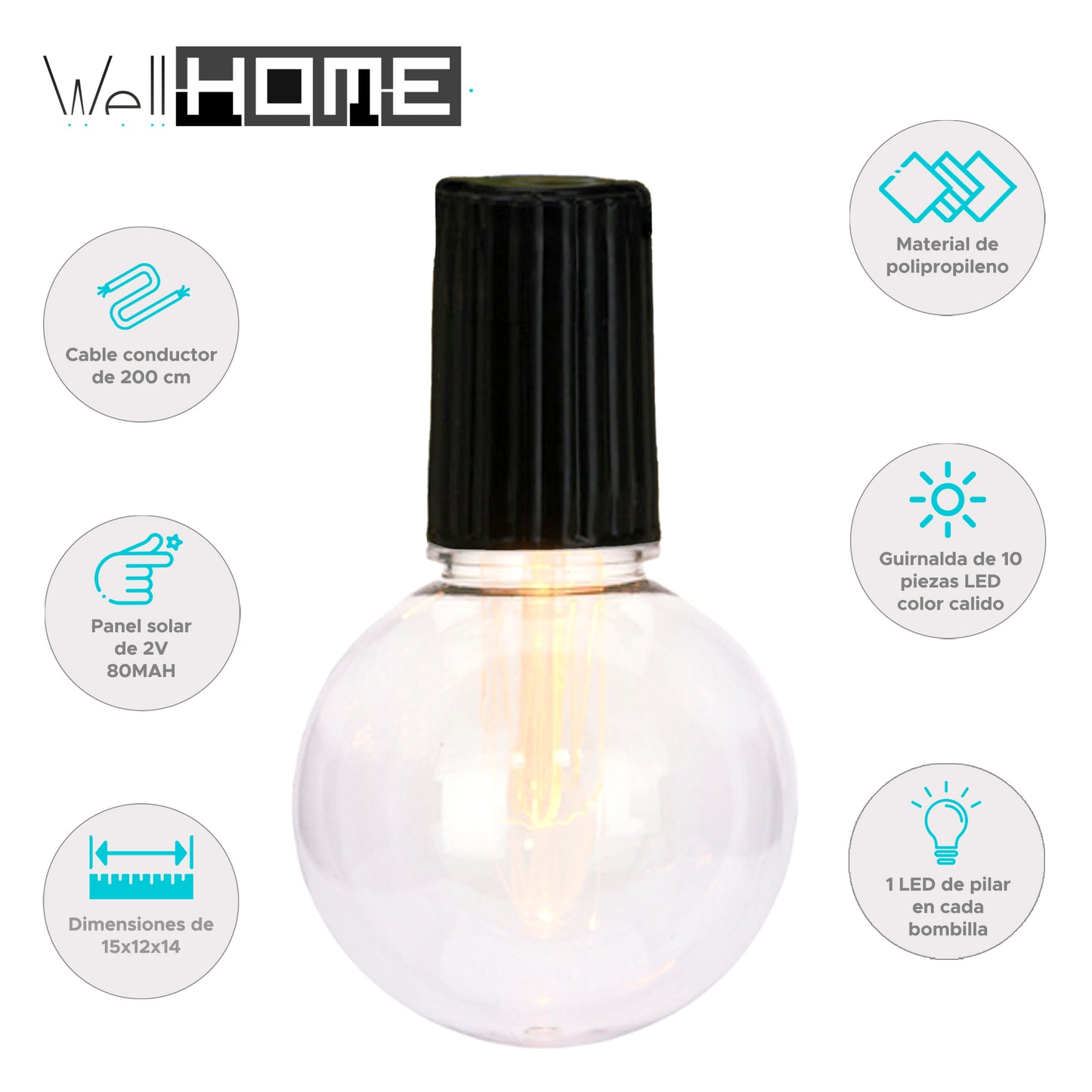 Well Home Set De 10 Luces Blancas Cálidas De Fiesta Solar Con Panel Led Grises_1