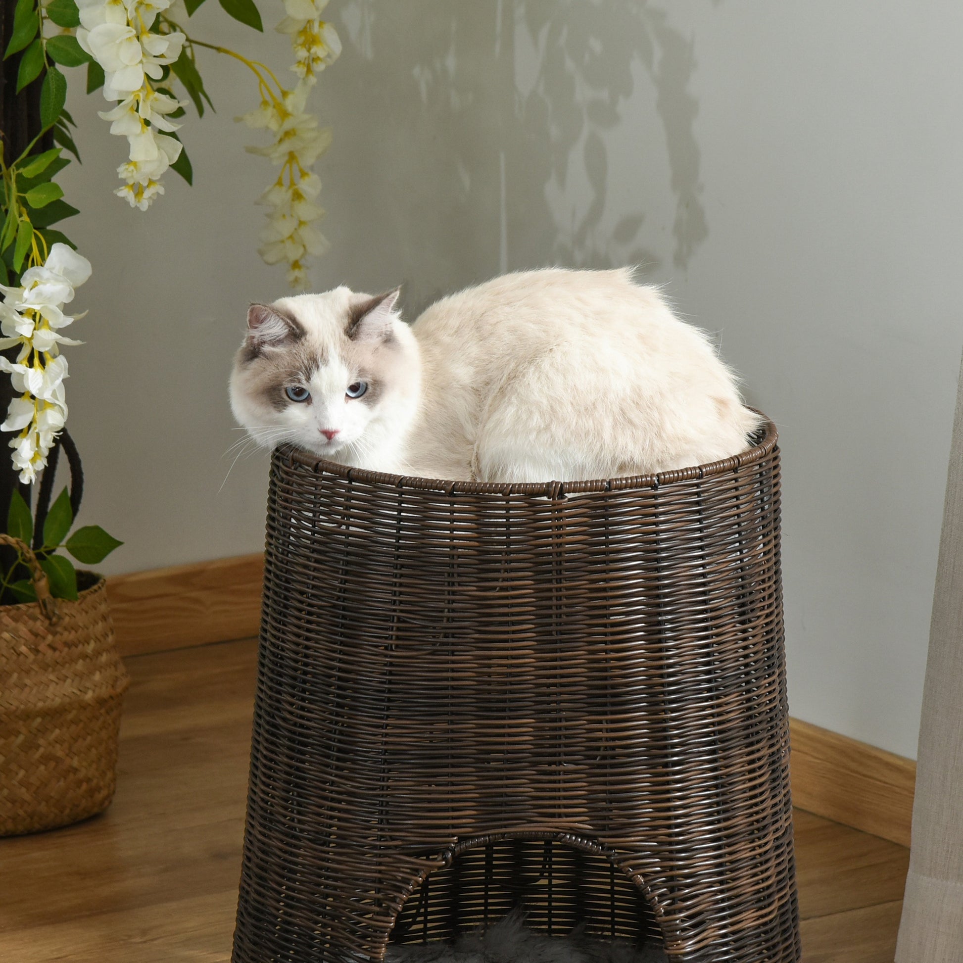 Pawhut Cesta De Ratán Para Gatos De 2 Niveles Con Cojines Lavables Ø45x50 Cm_3