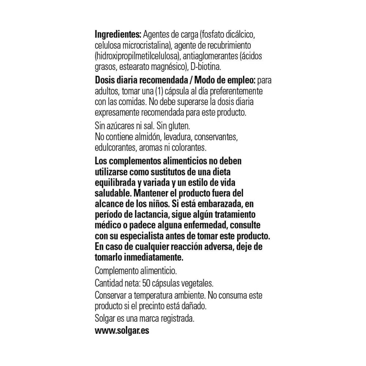 Biotina 1000 mcg Solgar 50 cápsulas vegetais