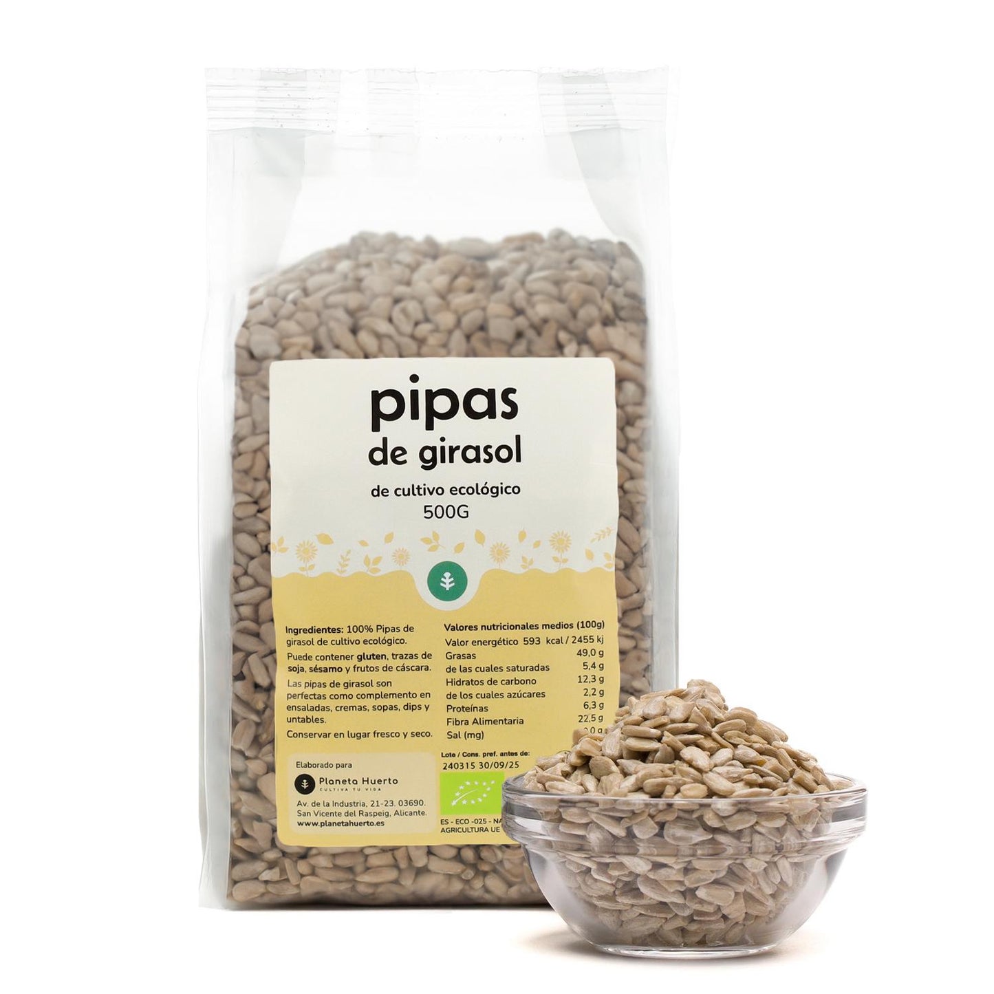 Embalagem de 2 sementes de girassol descascadas da ECO Planeta Huerto, 500 g