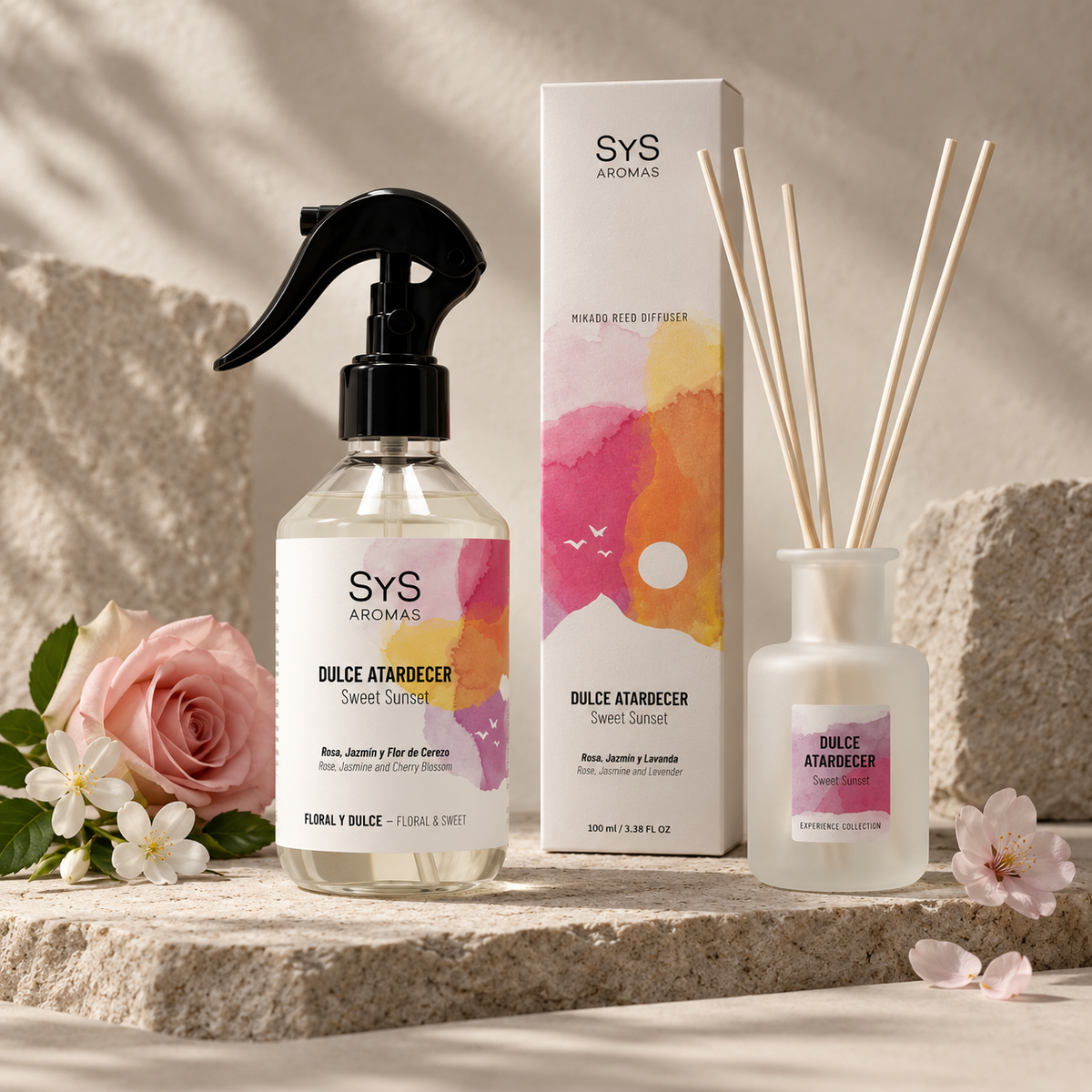 Ambientador Pulverizador Dulce Atardecer Experience SYS Aromas 300 ml | Rosa, Jazmín y Flor de Cerezo | Relajante_2