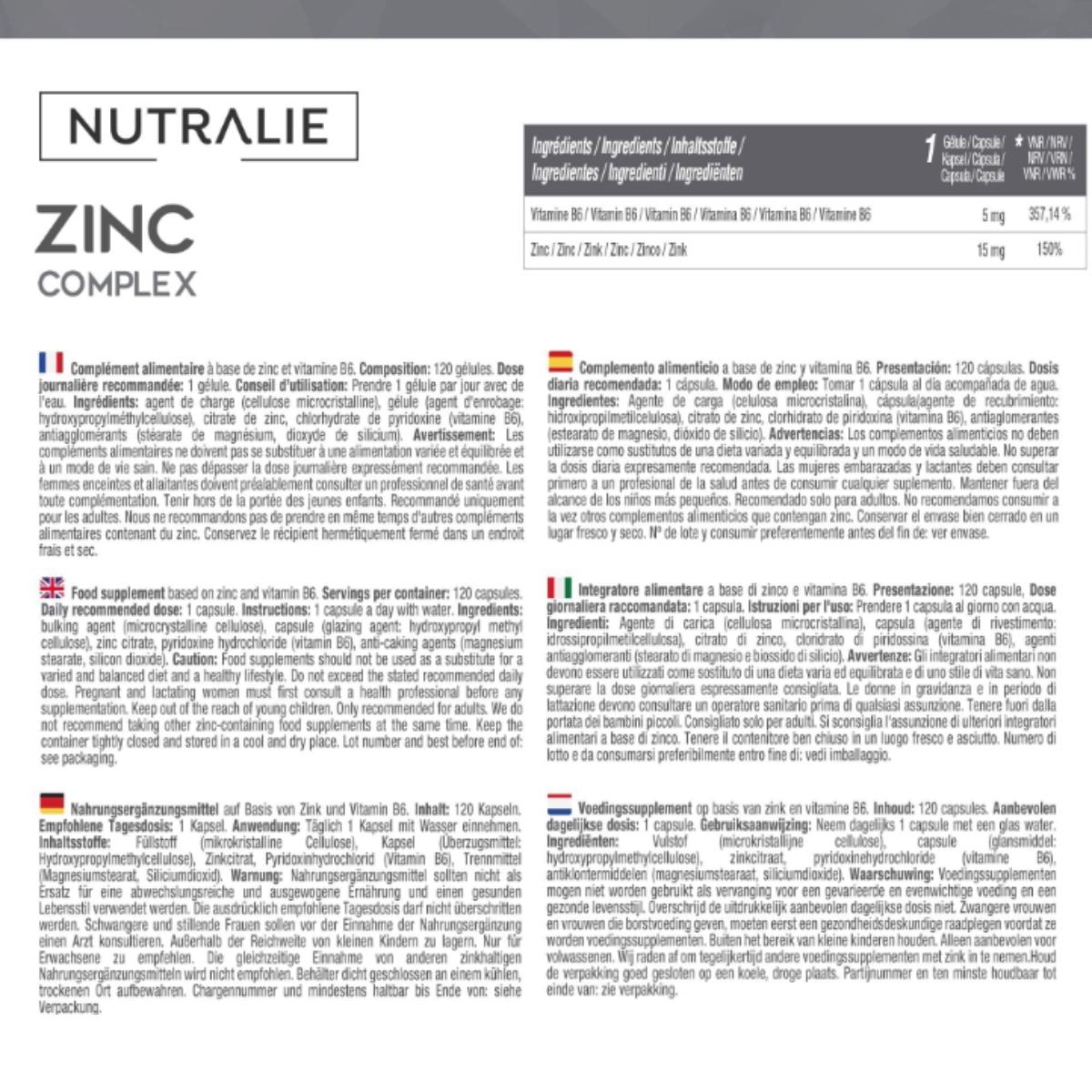 Pack 2x Nutralie Zinc con Vitamina B6 Acné Piel Pelo Vegano 120 Cápsulas