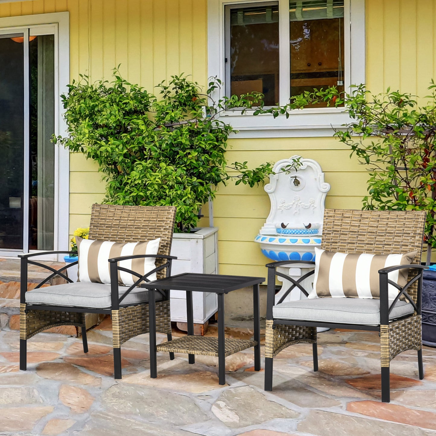 Outsunny Conjunto Mesa Y 2 Sillas De Jardín De Ratán 3 Piezas Con 2 Cojines_1