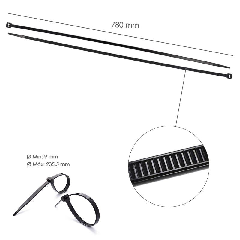 Brida Nylon 100%. Color Negro 9,0 X 780 Mm. Bolsa 100 Unidades. Abrazadera Plastico, Organizador Cables, Alta Resistencia