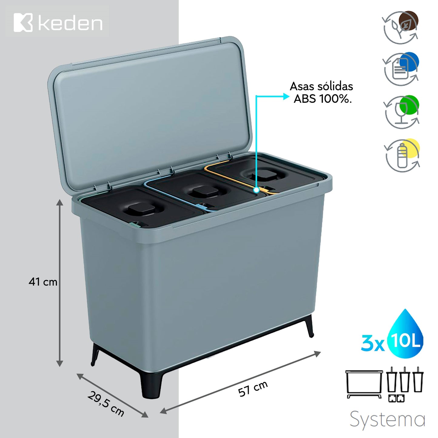Sistema Clasificador De Reciclaje 3x10l Color Gris Keden