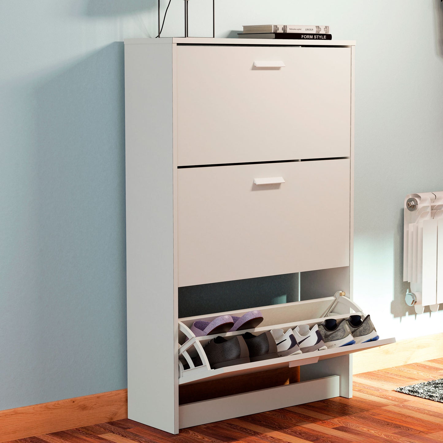 Zapatero Entrada Recibidor, Mueble Auxiliar Estrecho Zapatos, 3 Puertas, Madera 119,5x74x25 Cm, Briebe, Nova, Blanco_1