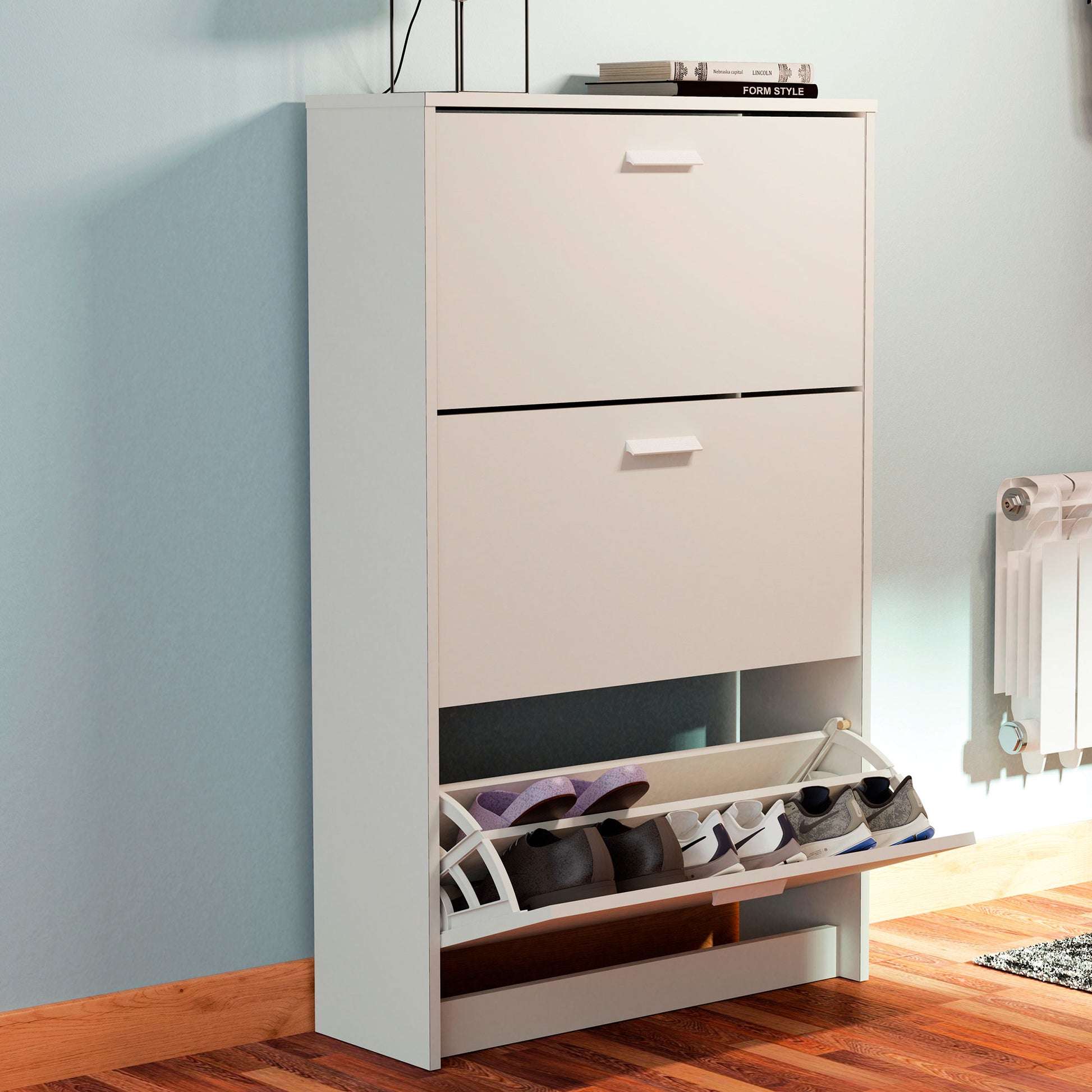 Zapatero Entrada Recibidor, Mueble Auxiliar Estrecho Zapatos, 3 Puertas, Madera 119,5x74x25 Cm, Briebe, Nova, Blanco_1