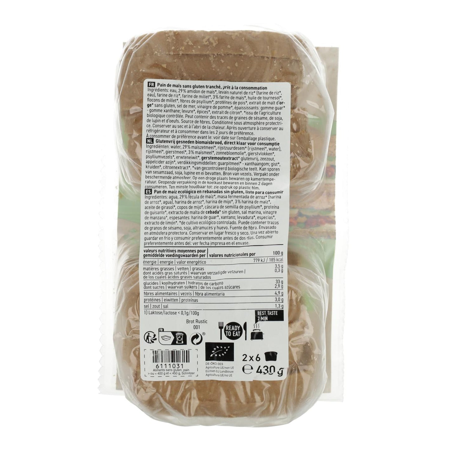 Pão Schnitzer sem glúten com fatias de milho biológico 430 g