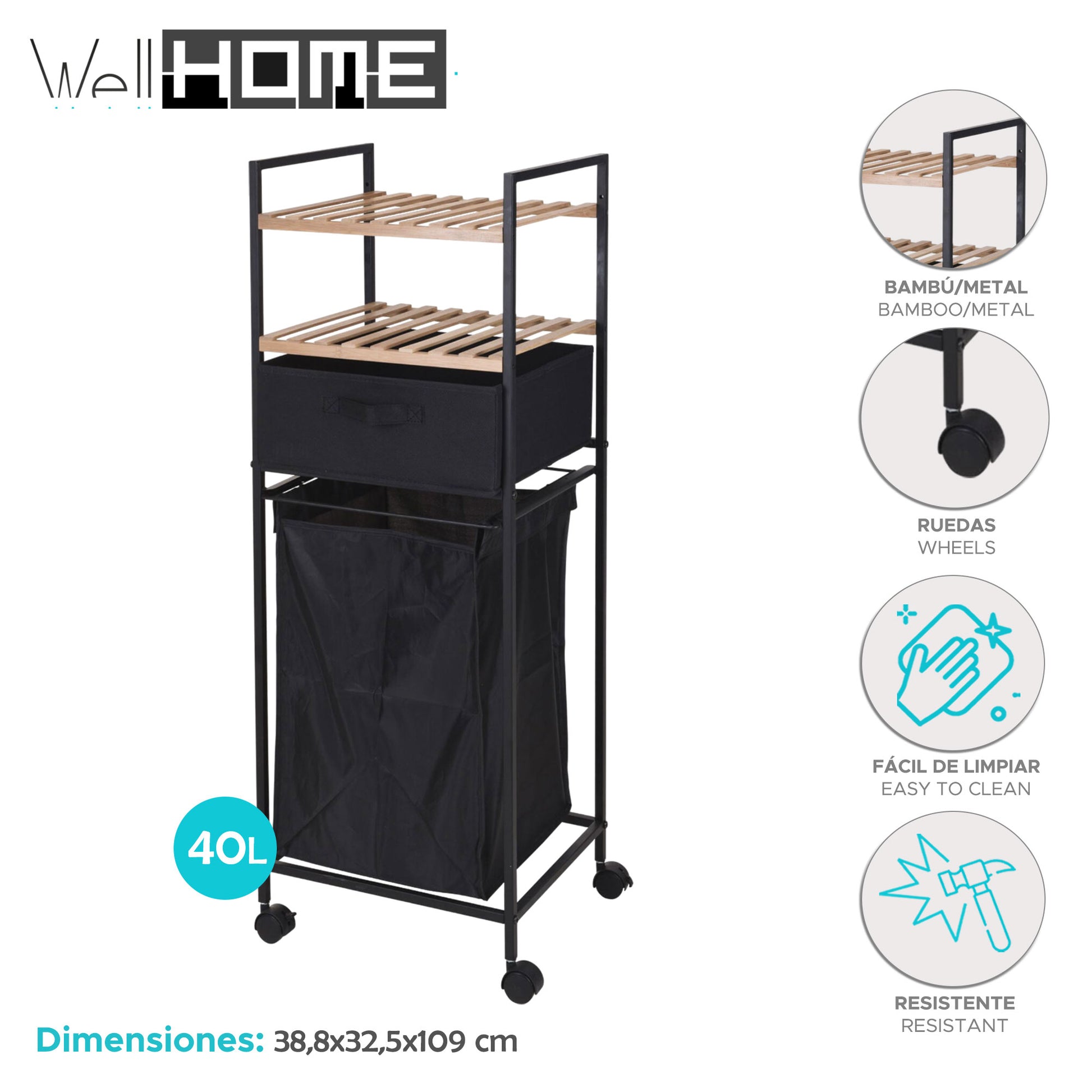 Well Home Estantería De Baño Con 2 Estantes + Bolsa De Lavandería En Poliéster De 40l, H.109cm_1