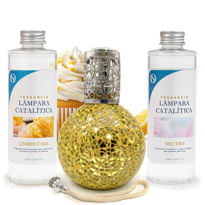 Pack Ahorro Lámpara Catalítica Mosaico Dorado + Fragancia Lemon Cake 500ml + Limpiador Neutro 200ml + Mecha Repuesto_0