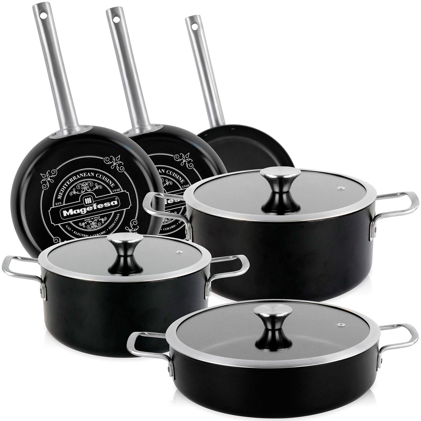 Batería Cocina Inducción 9 Piezas, Antiadherente Libre Pfoa Exterior Negro Mate Retro Vintage Magefesa Ares, Negro_0