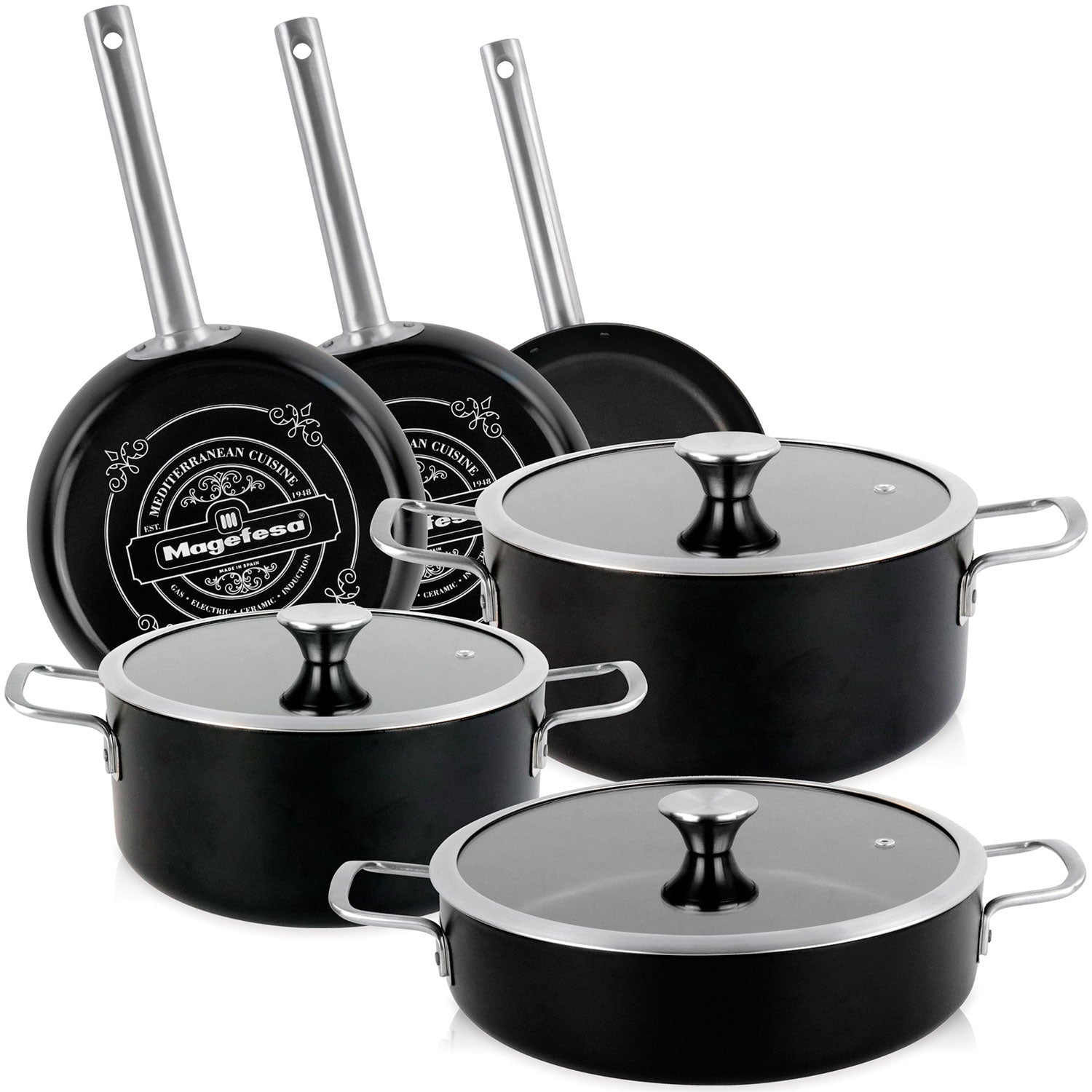 Batería Cocina Inducción 9 Piezas, Antiadherente Libre Pfoa Exterior Negro Mate Retro Vintage Magefesa Ares, Negro_0