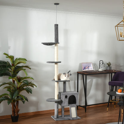 Pawhut Árbol Rascador Para Gatos Altura Ajustable 238-270 Cm Con Hamaca Cueva_1