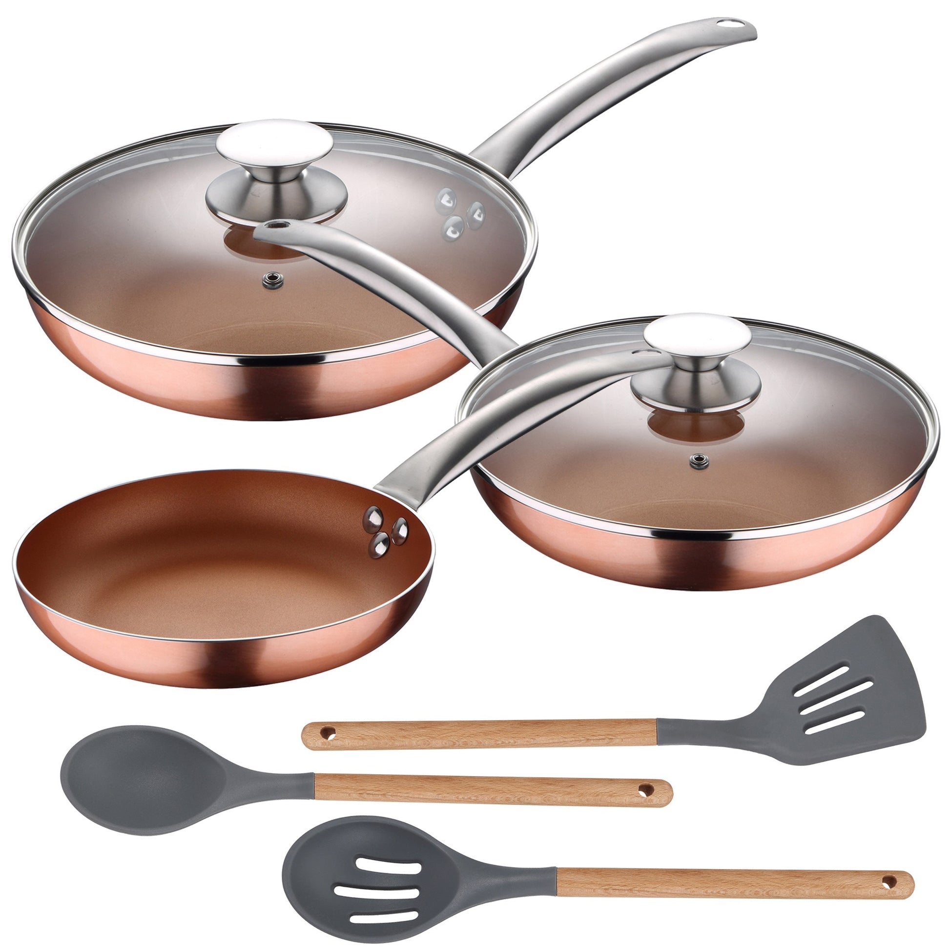Set 5pc Sartenes (con Tapa) Aluminio Prensado Inducción Con Set 3pc Utensilios De Cocina Silicona Madera