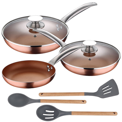 Set 5pc Sartenes (con Tapa) Aluminio Prensado Inducción Con Set 3pc Utensilios De Cocina Silicona Madera