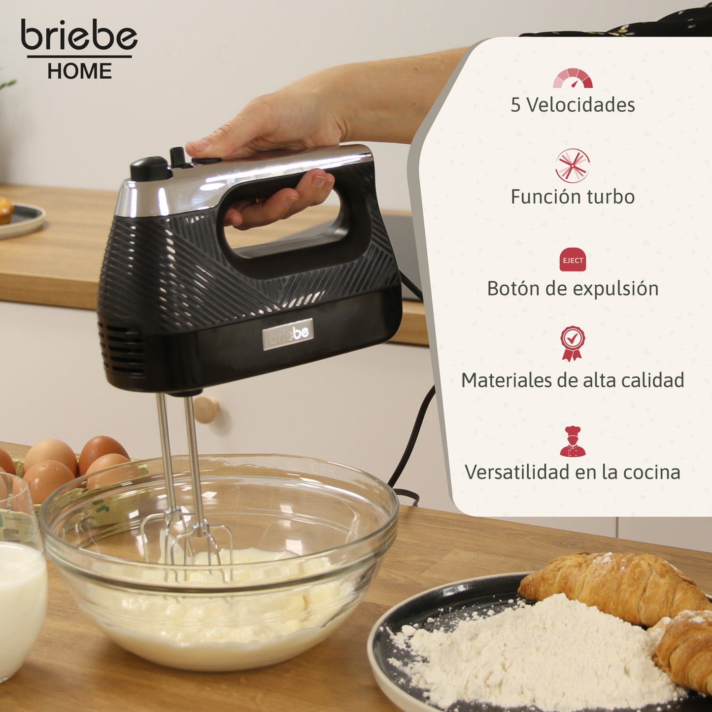 Briebe Batidora De Varillas Eléctrica 400w Amasadora De Mano Especial Repostería 5 Velocidades + Turbo, Hm1174blk_1