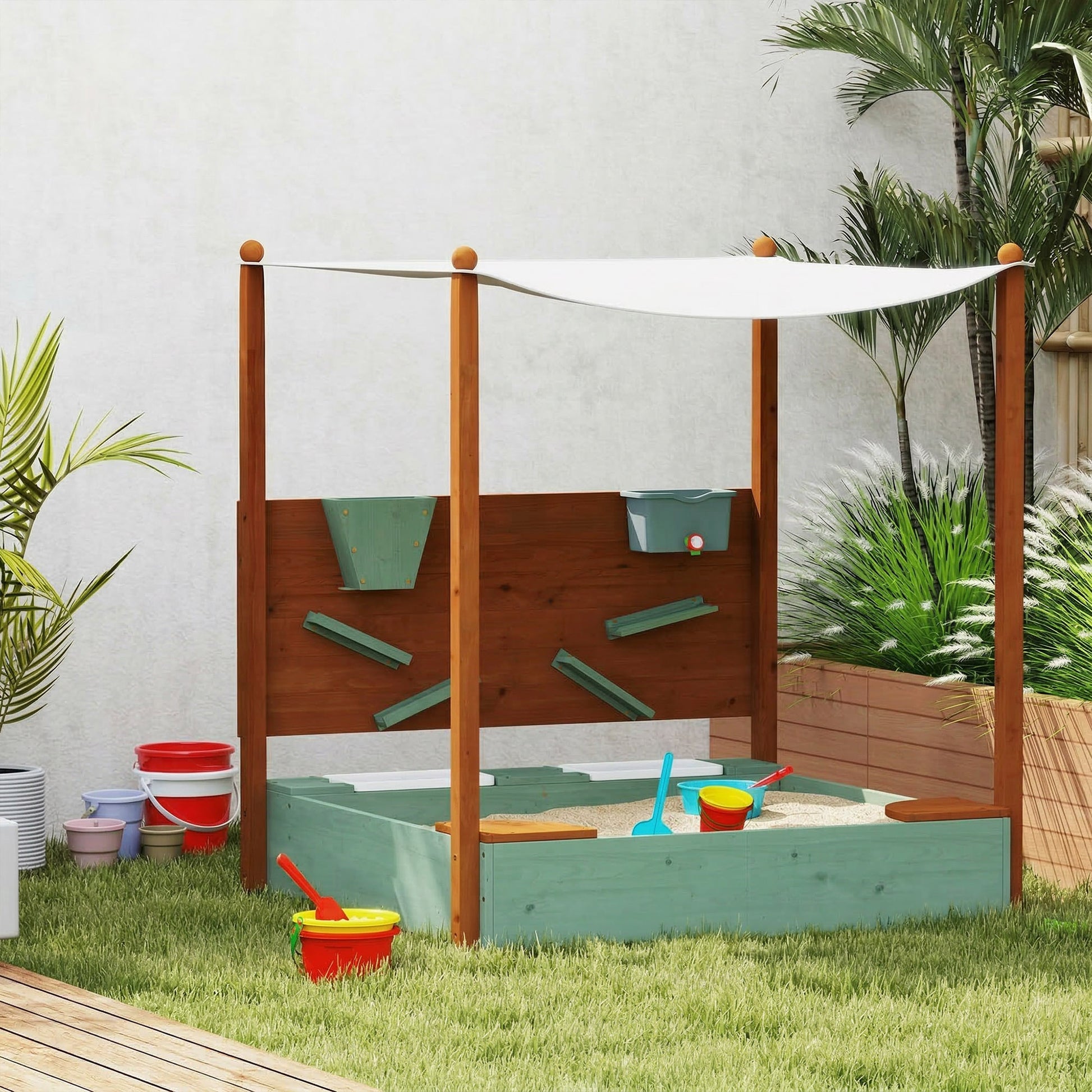 Aiyaplay Arenero Para Niños De Madera Con Techo Asientos 116x112,5x128 Cm Verde_1