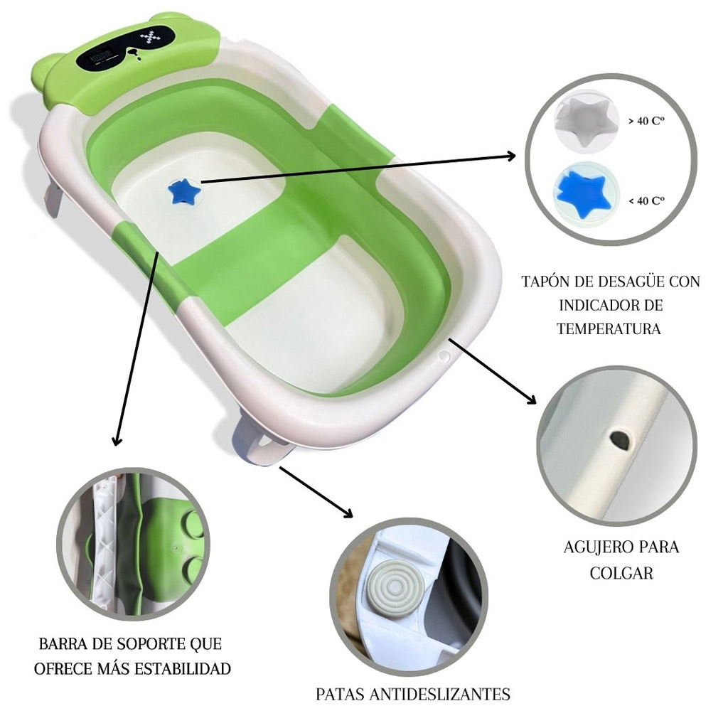 Bañera Plegable Para Bebés, Cojín Oso, Termómetro, Patas Antideslizantes (verde Oso) Bathby_3