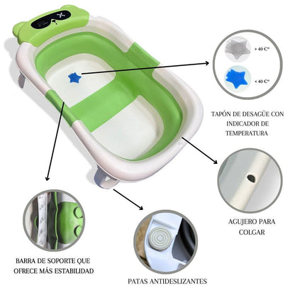 Bañera Plegable Para Bebés, Cojín Oso, Termómetro, Patas Antideslizantes (verde Oso) Bathby_3