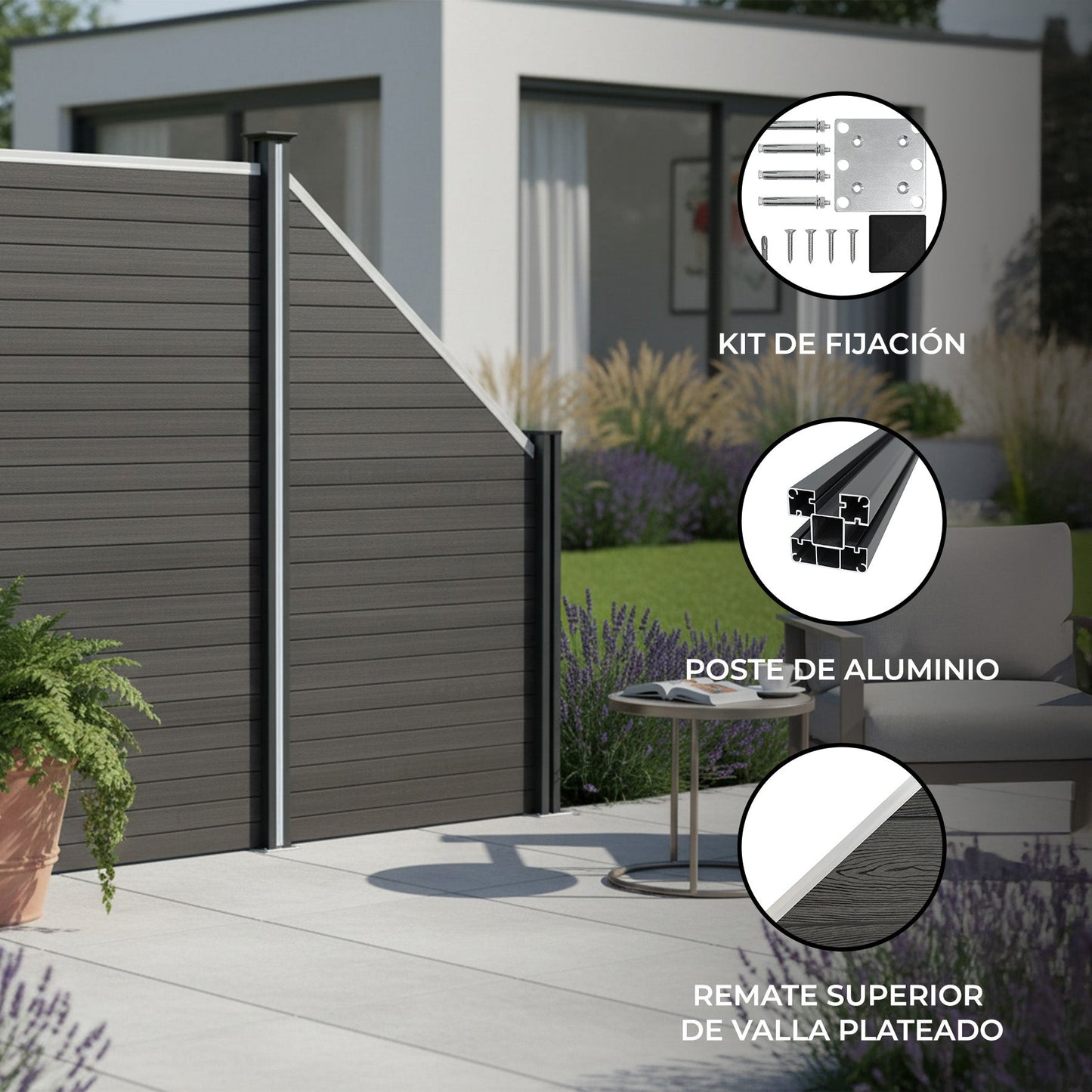 Vallas Para Exteriores De Wpc Y Aluminio - 1x Panel Oblicuo + 1x Poste | Gris_1