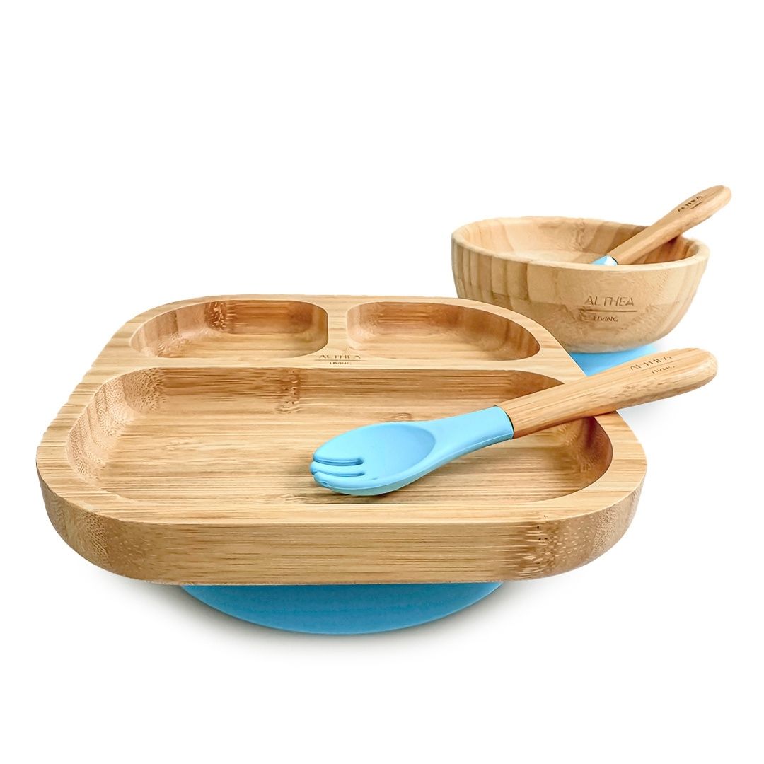 Vajilla De Bambú Natural - 4 Piezas - Azul Capri.