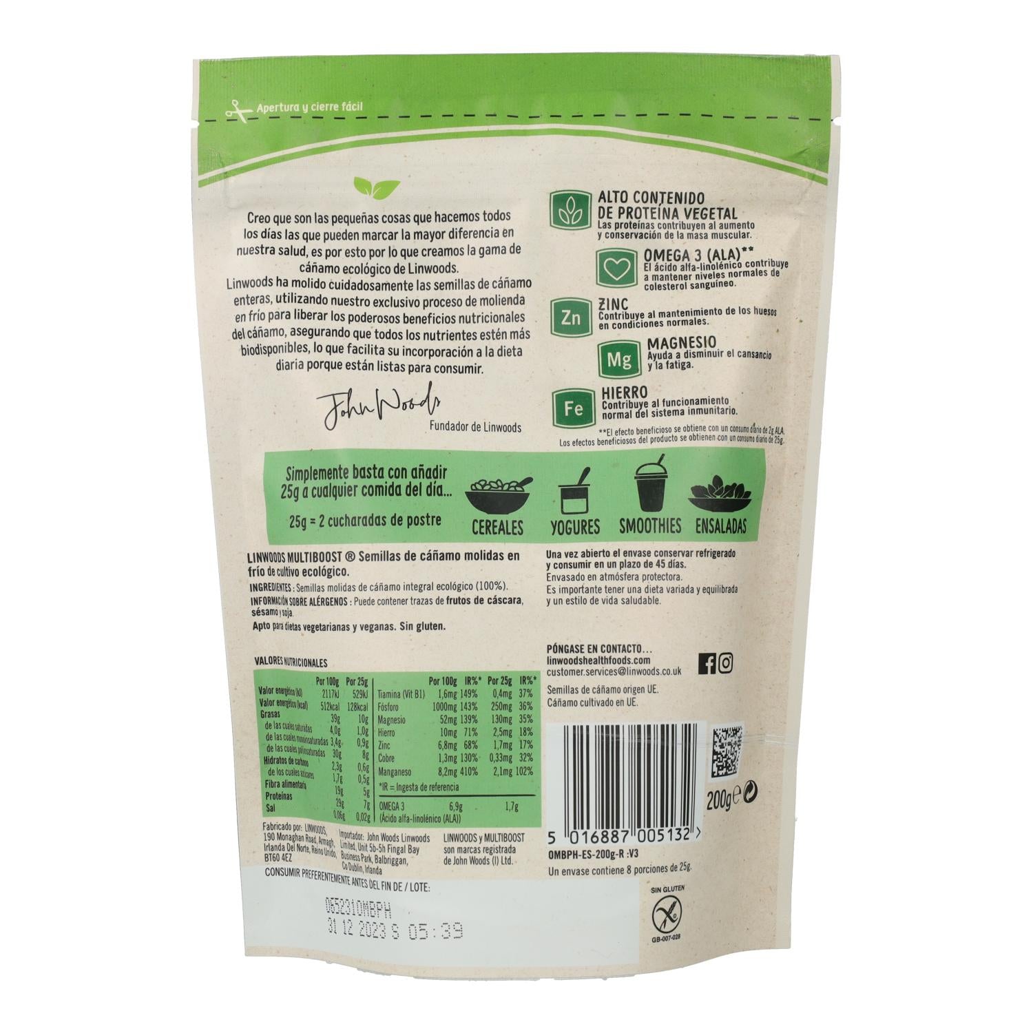 Semillas molidas de cáñamo bio Linwoods 200 g