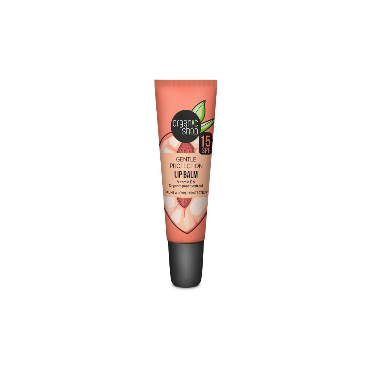 Bálsamo labial de proteção suave FPS 15 com vitamina E e extrato de pêssego, Organic Shop 10 ml