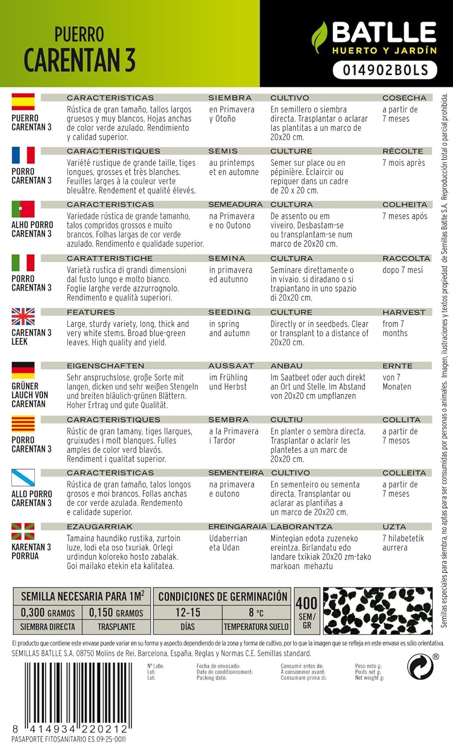 Sementes de Alho Francês Grosso Carentan 3 Batlle
