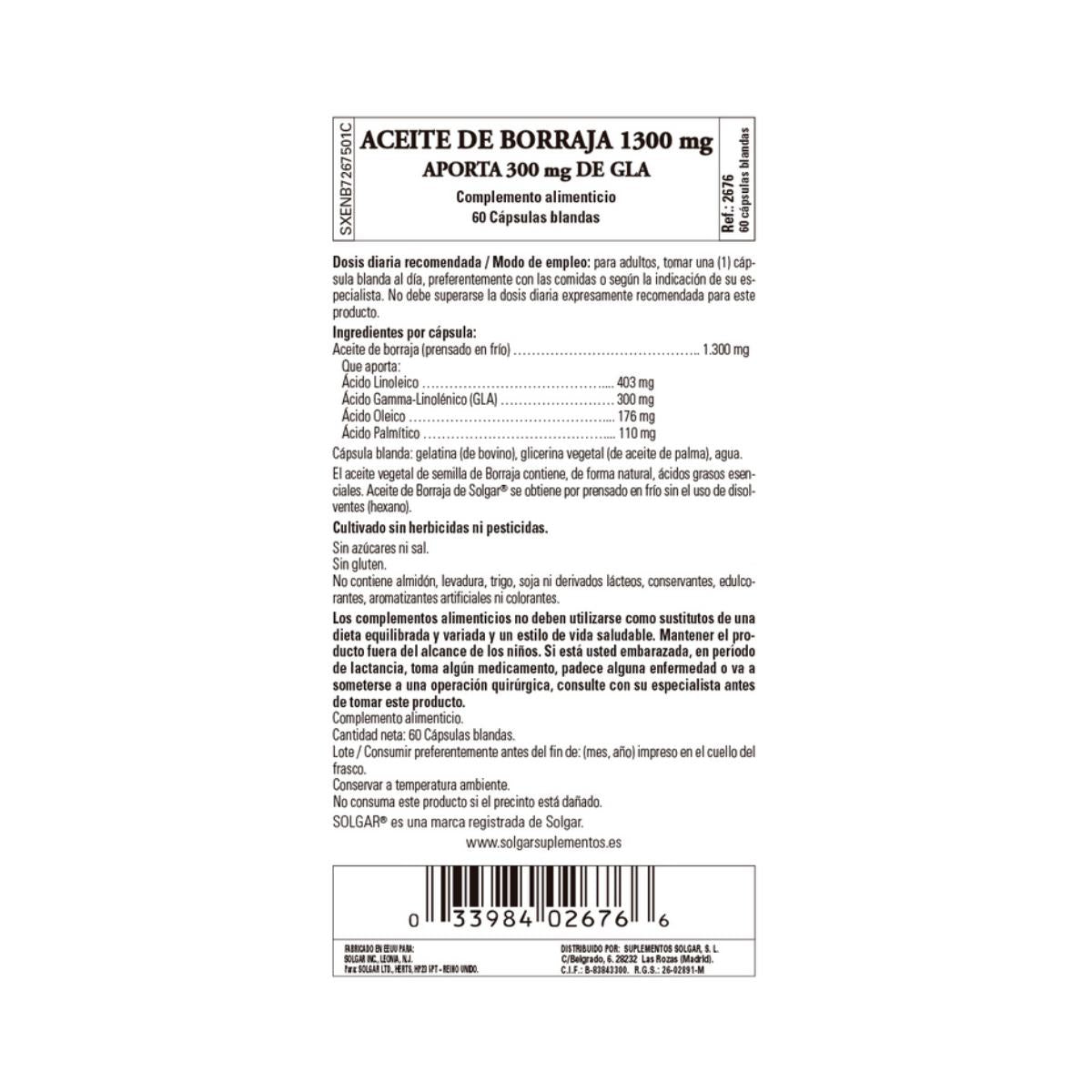 Óleo de Borragem, 60 cápsulas Solgar 1300mg