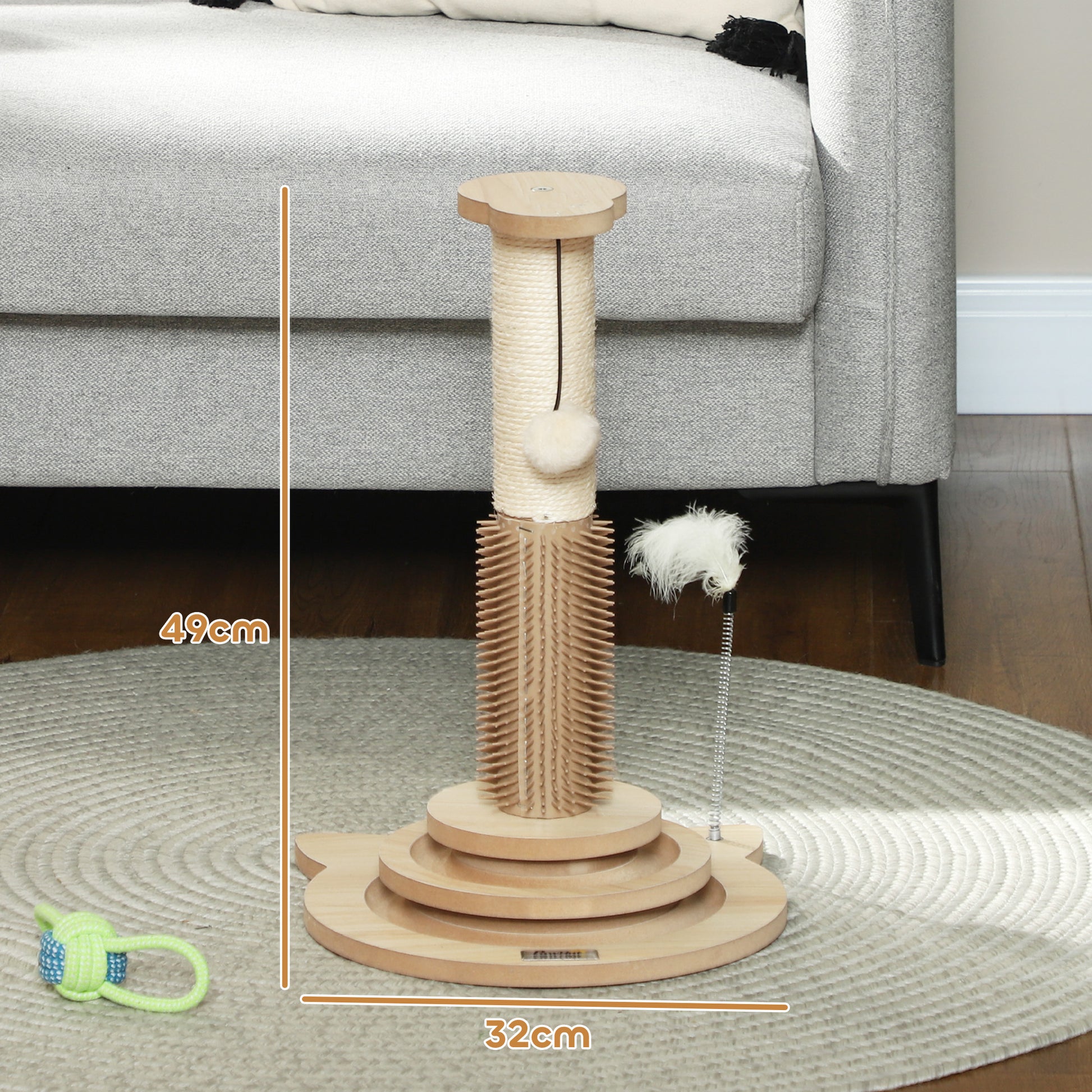 Pawhut Poste Rascador Para Gatos 49 Cm Con Carril Giratorio Con Bolas Roble_2