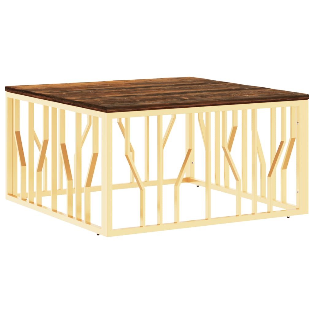 Mesa De Centro Acero Inoxidable Madera Maciza Reciclada Dorada_0