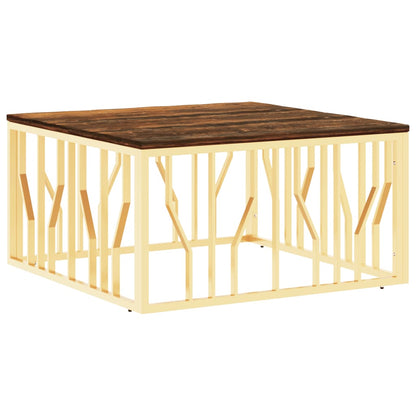 Mesa De Centro Acero Inoxidable Madera Maciza Reciclada Dorada_0