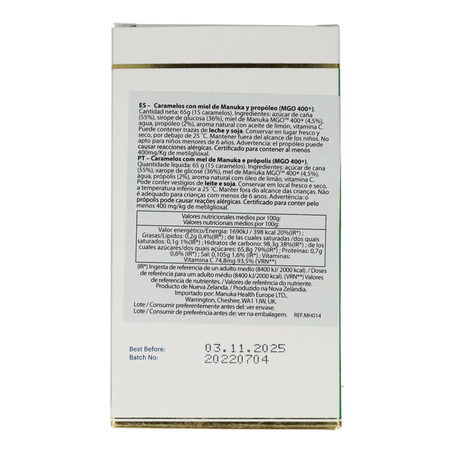 Rebuçados de mel de Manuka (MGO 400+) e própolis, 15 unidades