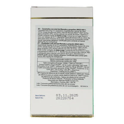 Rebuçados de mel de Manuka (MGO 400+) e própolis, 15 unidades