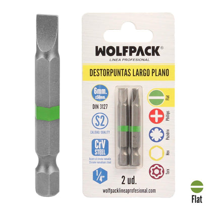 Puntas Destornillador Largo Plano 6 Mm. (2 Piezas). Acero S2 Al Cromo Vanadio. Puntas Hexagonales, Destorpuntas,