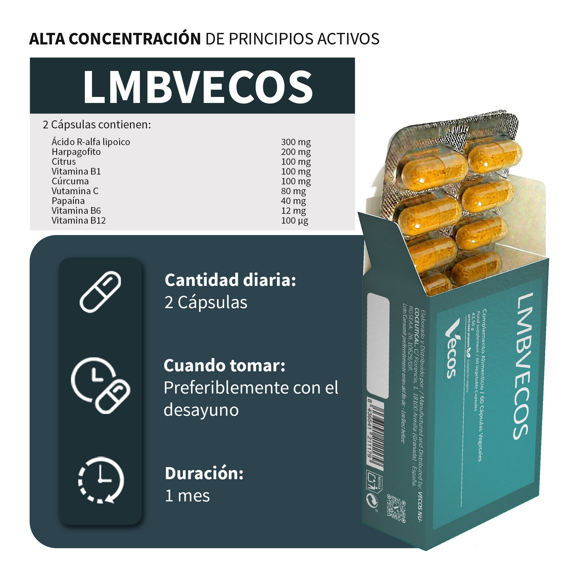 Lmb Vecos 60 Cápsulas | Dolor Lumbar Y Molestias Nerviosas | Con Ácido R-lipoico, Harpagofito Y Cúrcuma_2